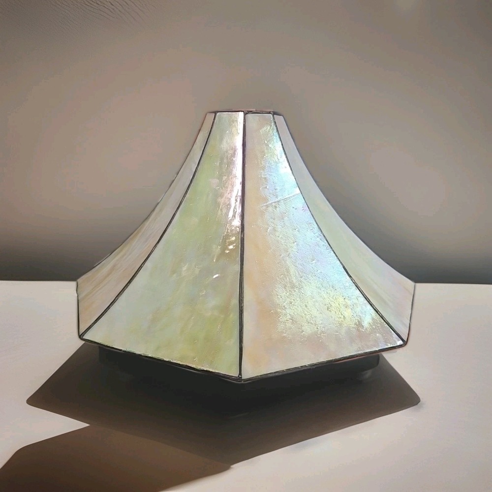 Vtg Tiffany Style Slag Cathedral Glass Lamp Shade Iridescent Bridge Arm Cluster